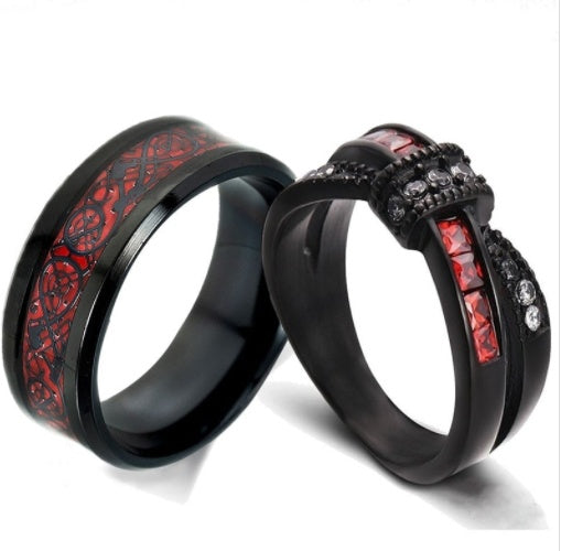 Obsidian Valor: Black Gold & Garnet Cross Ring