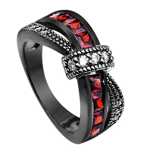 Obsidian Valor: Black Gold & Garnet Cross Ring